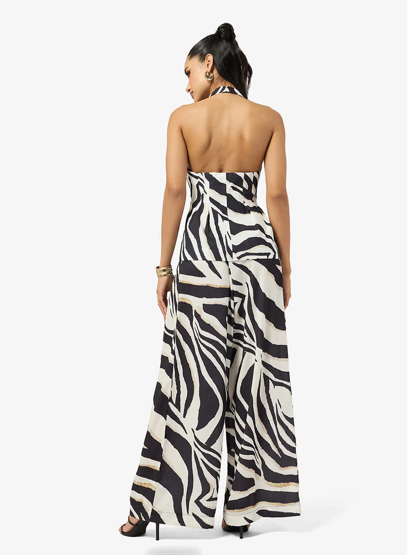 جينجر Halter Neck Animal Print Top & Wide Leg Pant Coord Set